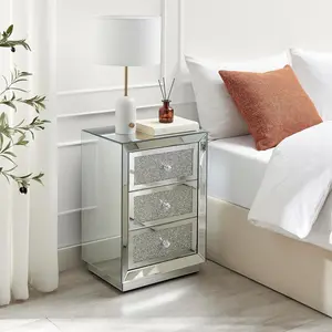 Crushed Diamon Mirrored Crystal Bedside Table Bedside Cabinet Modern Stylish 3 Drawer Bedroom Storage Bedroom Furniture