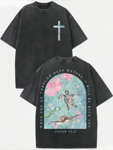 Men's Crew Neck Vintage Distressed Washed Cotton T-Shirt Turtle When You Go Through Deep Water I Will Be With You Fun Graphic Print Fashion Street Trend Handsome Athleisure Top Loose Hip Hop Everyday Comfort Holiday Gifts