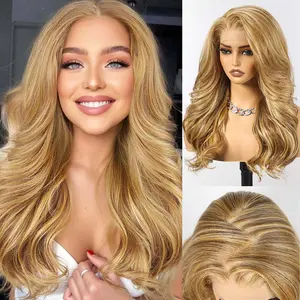 HAIRCUBE 24 Inch Blonde Highlights Long Curly Layered Wigs 13x6 HD Synthetic Lace Front Wig Glueless Wigs for Women Daily Use