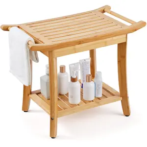 VEVOR Bamboo Shower Bench,  , 24 x 13.8 x 18.9 in, Waterproof Shower Stool Chair with Storage Shelf Handle, 300 lbs Load Capacity Spa Bath Seat Organizer, for Adults Seniors Women Elderly Indoor Outdoor