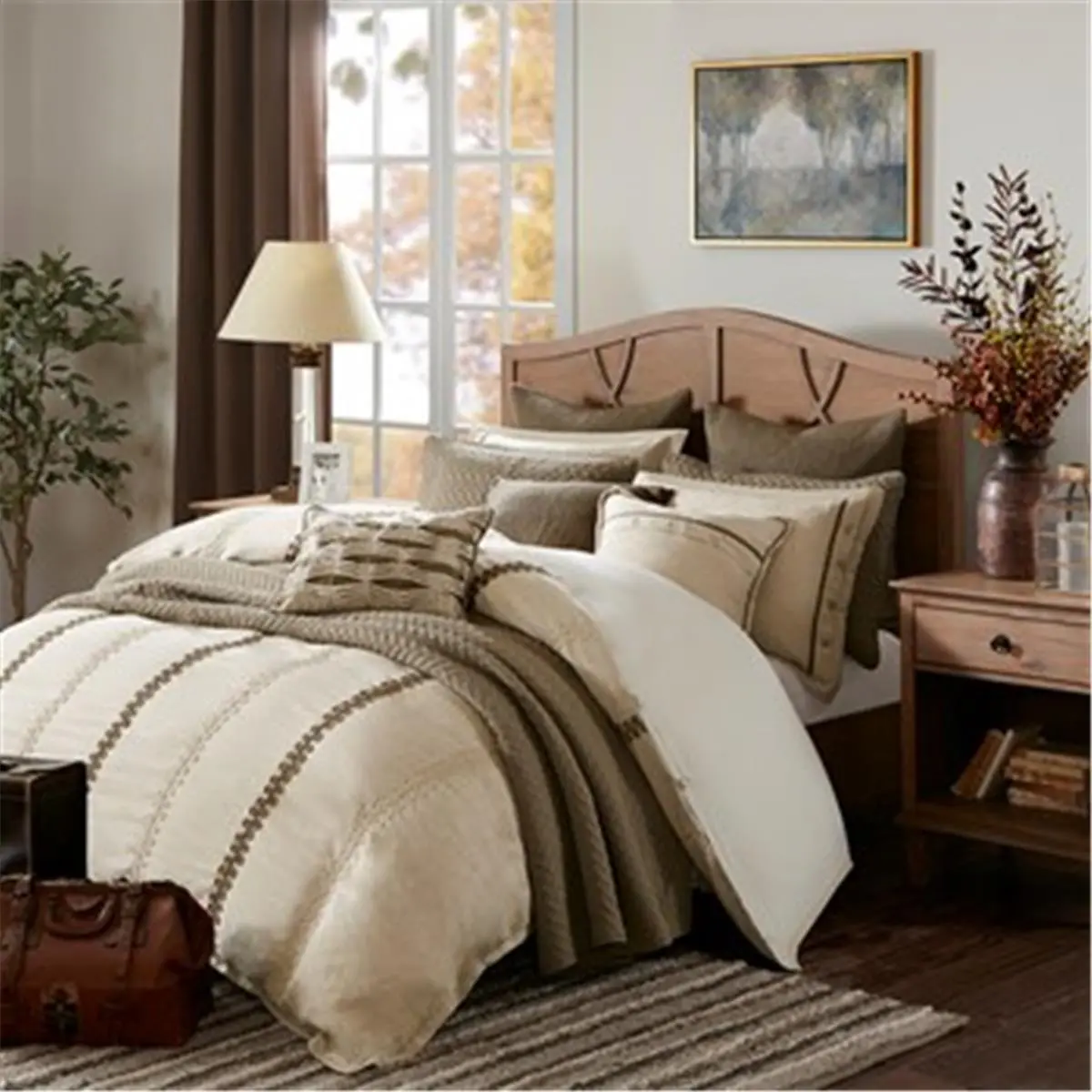 Madison Park King Size Luxury 9-Piece Jacquard Weave Polyester Comforter Set - Linen Color, Rose Quartz Accent, Button Closure, Removable Insert, Romance Theme Bedding, Home Interior Decor