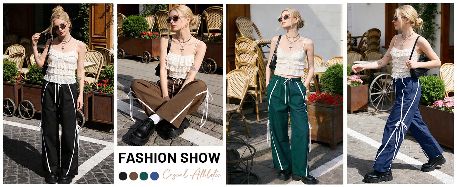 Showyg Women's Vintage High-Waist Wide-Leg Baggy Sweatpants, Loose Side Stripes Bow Tie Detail Casual Streetwear Bottoms