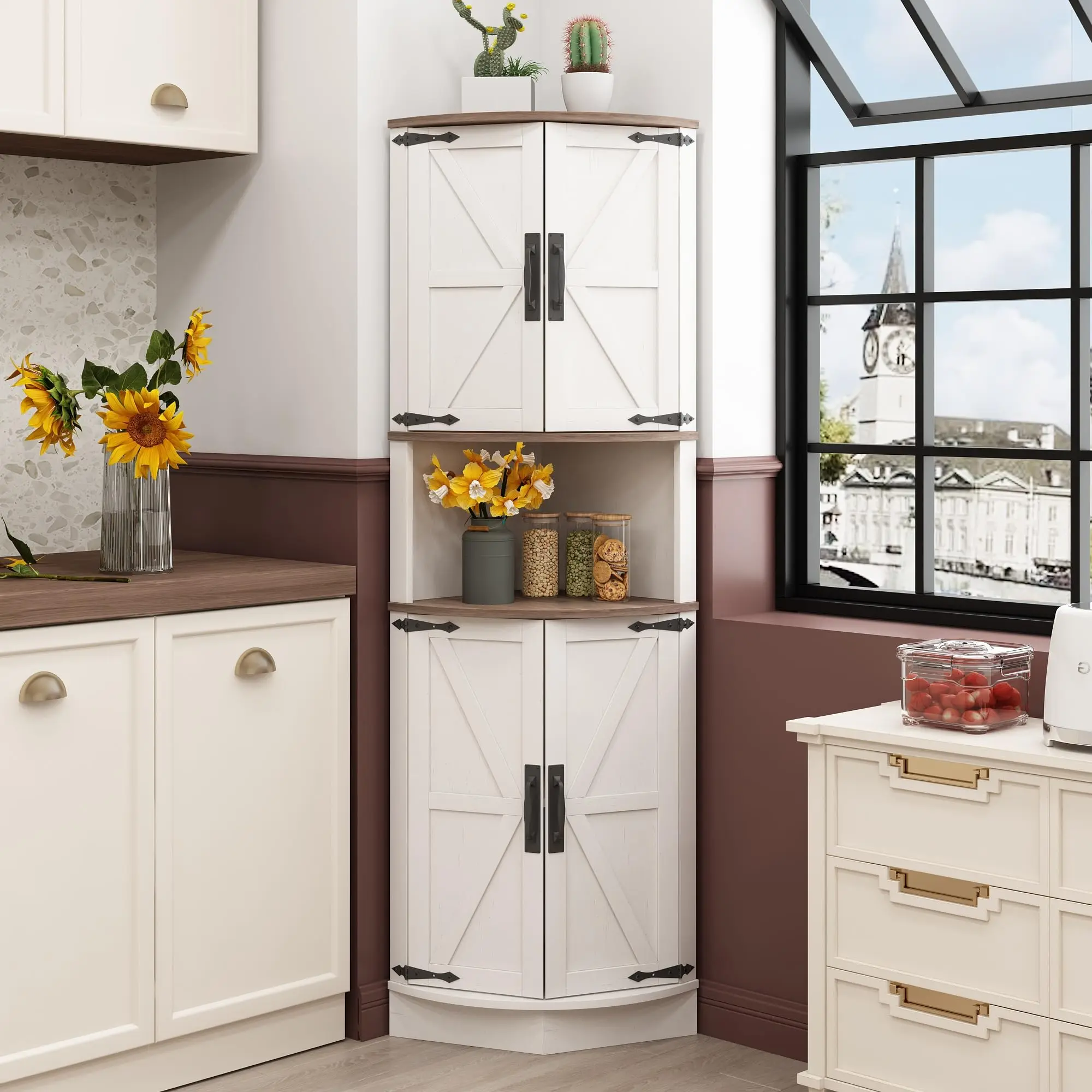 [tiktokshopbacktoschool] Vabches 64.8" Tall Farmhouse Corner Cupboard - 4 Doors, 5 Storage Shelves, Barn Door Design - Apartment Furniture Organizer for Living Room, Kitchen