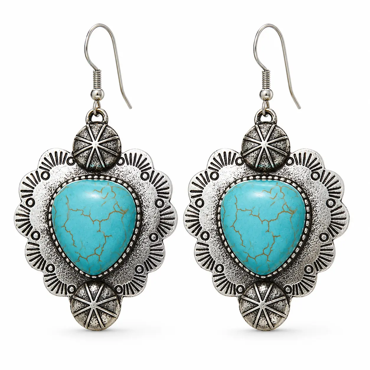 EH5-Vintage Western Turquoise Style Heart Stone Dangle Earrings Sunburst Carved Scalloped Frame Bohemian Cowgirl Statement Earrings