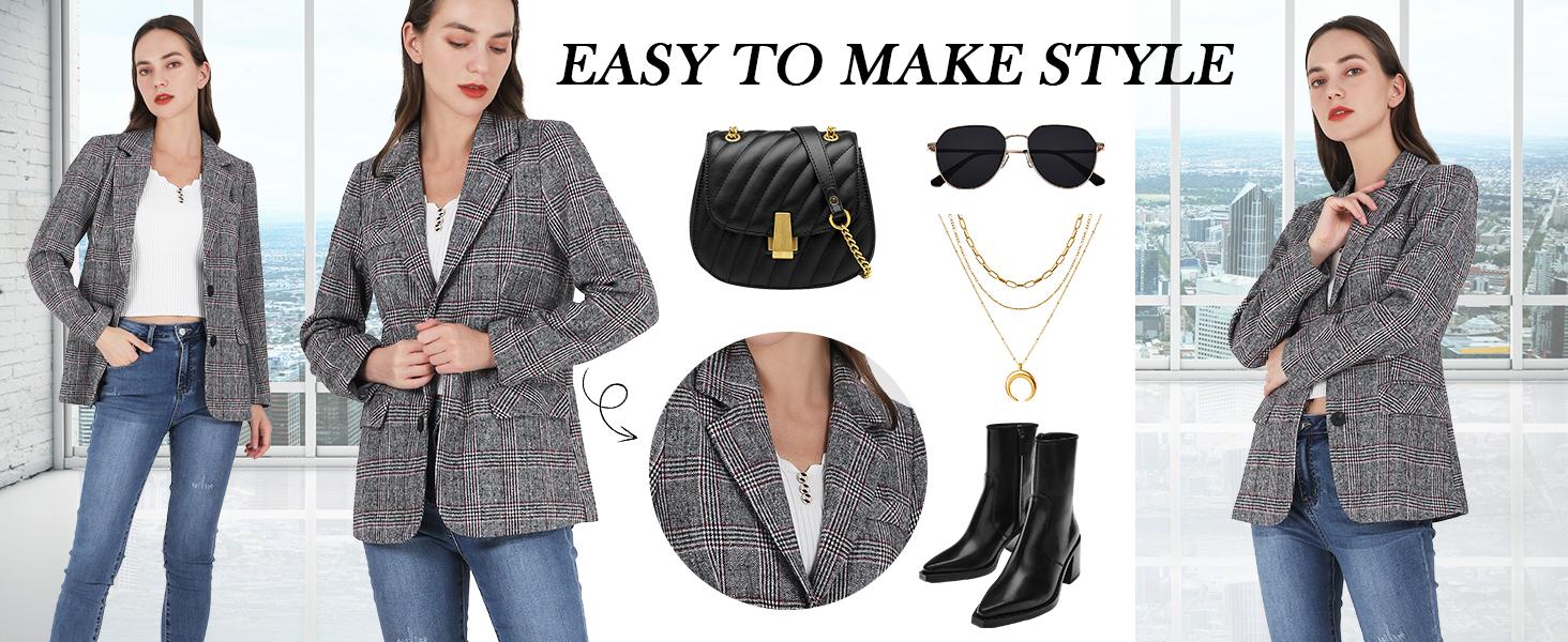 Ebossy Women's Houndstooth Plaid Blazer Jacket Notch Lapel Boyfriend Suit Casual Long Sleeve Fitted Outerwear with Flap Pockets Machine Washable Ebossy Women's Houndstooth Plaid Blazer Jacket Notch Lapel Boyfriend Suit Casual Long Sleeve Fitted Outerwear with Flap Pockets Machine Washable