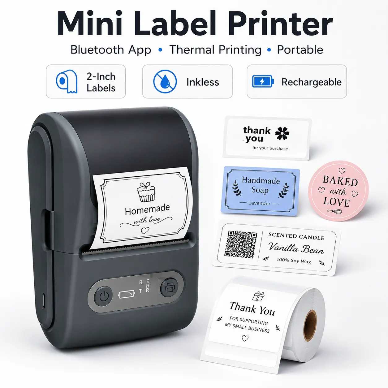 Portable Inkless Thermal Label Printer - Mini Bluetooth Wireless Sticker Maker, ABS Body, Built-in Li-ion Battery, Mobile App Compatible with iOS, Android, Laptop, Compact Pocket Design for Office Work, Home Organization