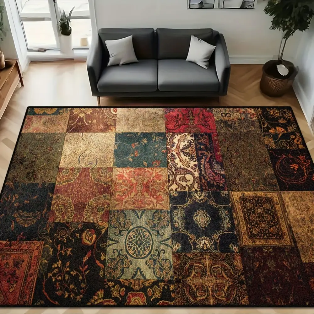 Classic Plaid Imitation Cashmere Crocheted Rectangular Area Rug (Crochet Method), Polyester Modern Plant-Print Floor Mat with Anti-Slip Base, Soft Plush Dustproof Durable Area Rugs, Hand-Wash Only Indoor Use Patterned Statement Home Decor
