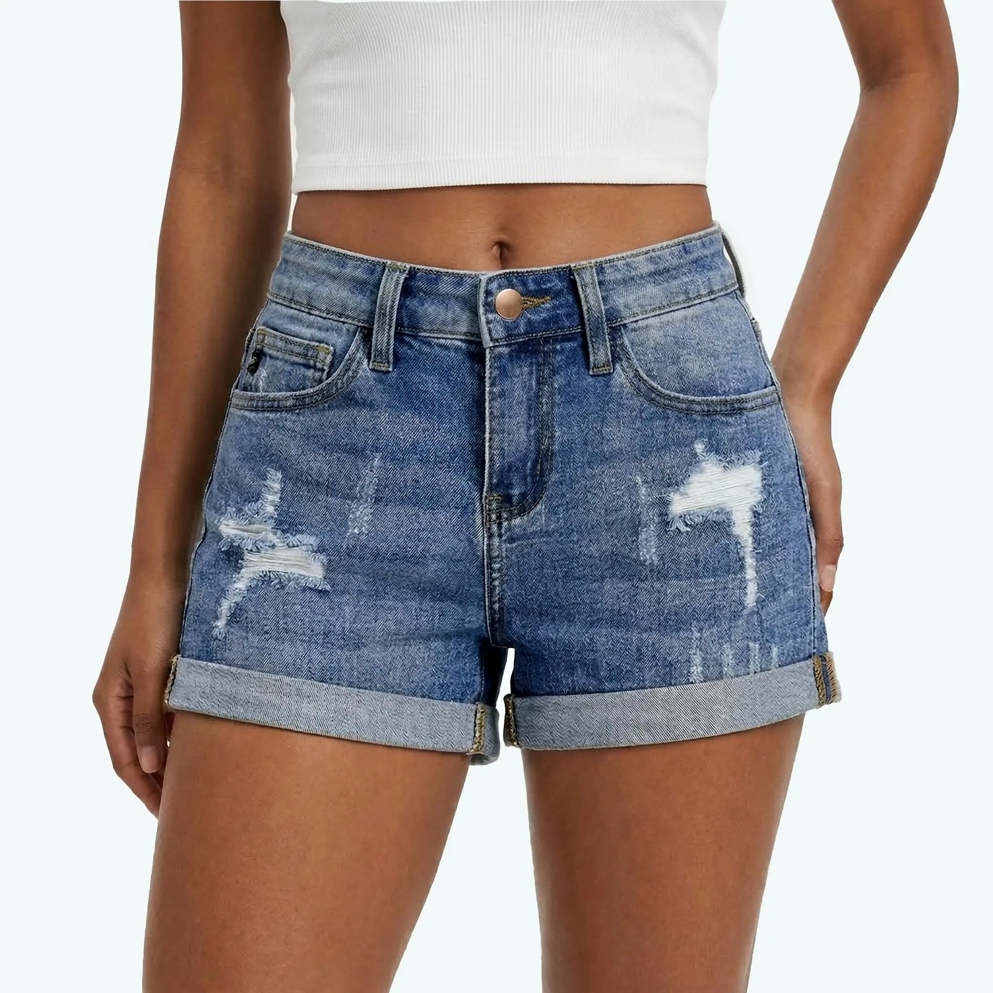 Drifter G22 Women's Denim Shorts Mid Rise Stretchy Ripped Rolled Hem Jean Shorts Distressed Rolled-up Denim Shorts Bottom Pants Rolling Up GPS2001 Womenswear Casual Summer Cuffed Shorts Daily Outfit