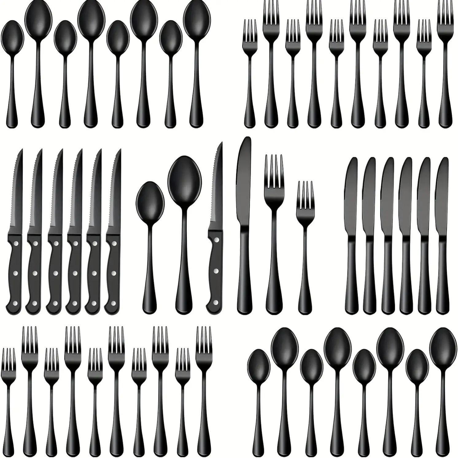 24/48 Pcs Black Silverware Set, Stainless Steel, Mirror Polished Cutlery Utensil Set, Durable Home Kitchen Eating Tableware Set, Include Fork Knife Spoon Set, Dishwasher Safe Flatware Set,home essentials