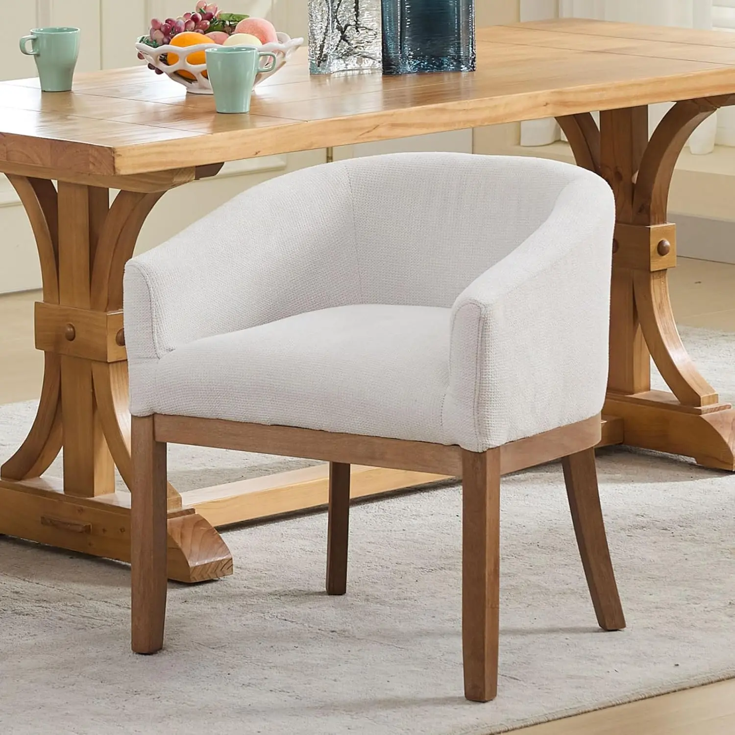 Barrel Chairs, Upholstered Dining Chair, Neutral Linen Fabric Side Chairs for Kitchen,Dining Room,Living Room,Farmhouse Round Barrel Chairs,Minimalist Accent Chairs Natural Wood Frame (Beige, 1PC)