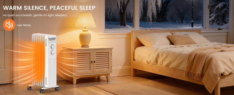 R.W.FLAME Oil Filled Radiator Heater,1500W Portable Electric with 3 Settings Adjustable Thermostat, Overheat Protection ,Quiet for Indoor Bedroom,Office, Wheels Handle Mobility, 7 Fins