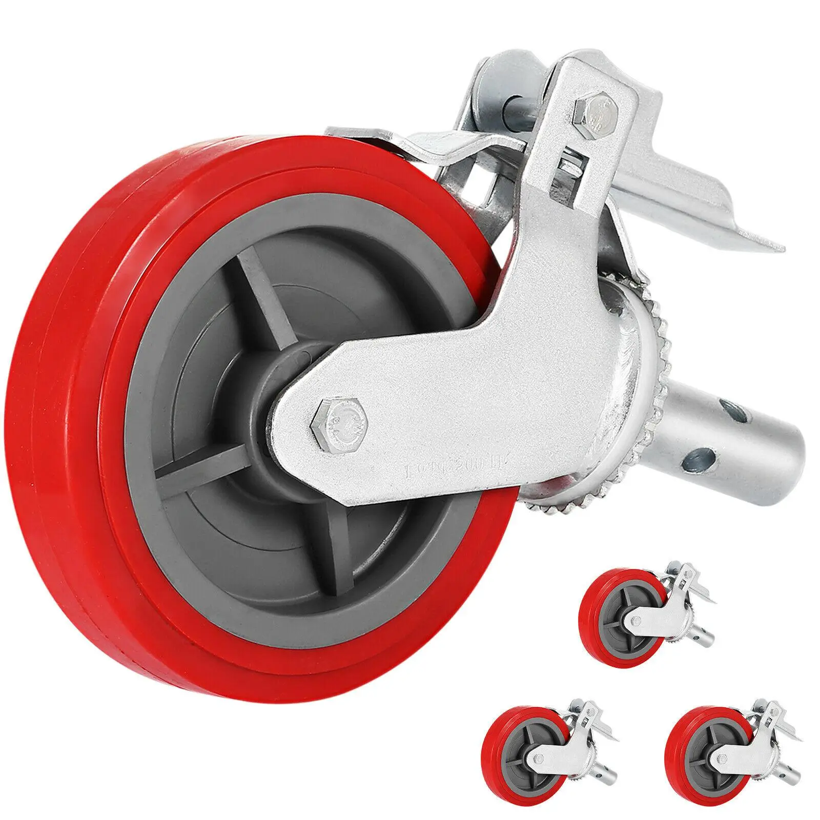 【summerfinds】VEVOR Scaffolding Wheels Set of 4, 8\" - Scaffolding Casters Heavy Duty, 3200 Lbs Per Set - Locking Stem Casters with Brake, Red Polyurethane - Replacement for Scaffold, Shelves, Workbench