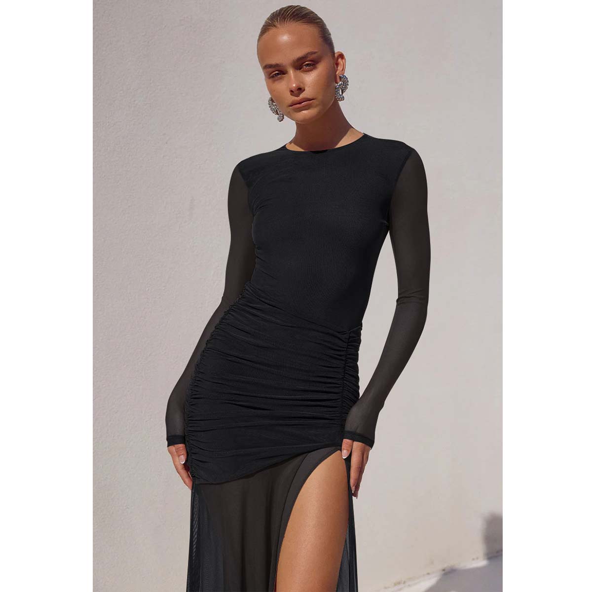 Aprilake Women's Elegant Mesh Long Sleeve Bodycon Ruched High Split Flowy Long Maxi Dress