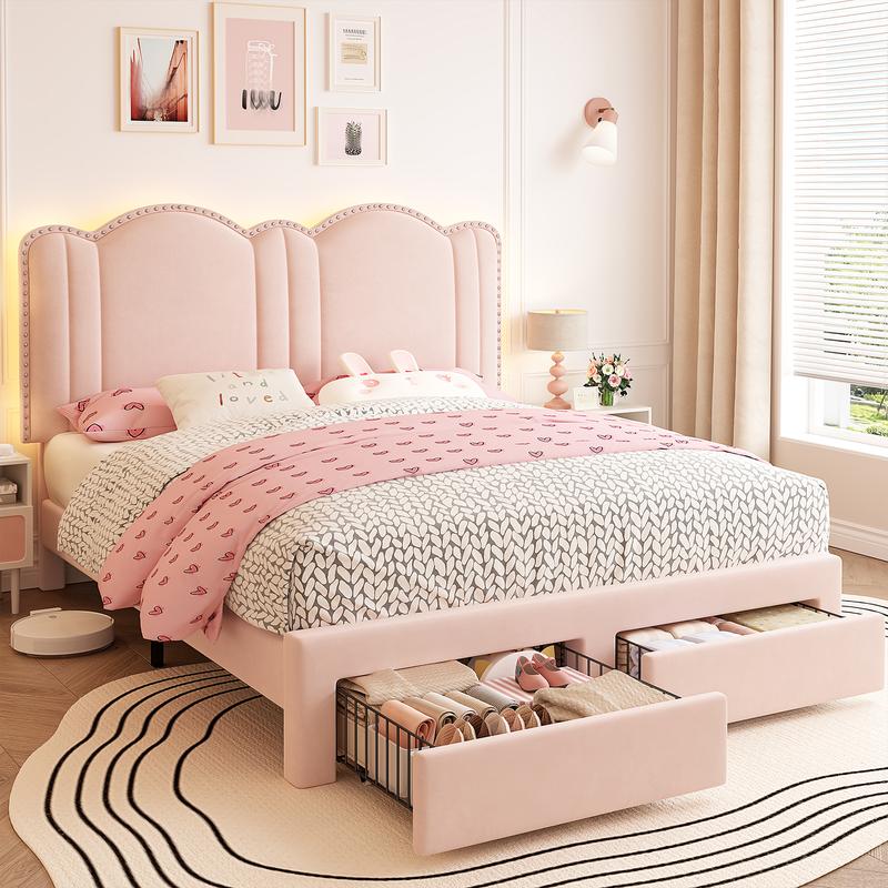 Raybee Furniture Full/Queen Size Upholstered Bed Frame with Velvet Cloud Headboard, Pink Princess Bed Frames with Storage Drawer and LED, Headboard Height Adjustable, Strong Support, No Box Spring Needed, Easy Assembly [Black Friday]
