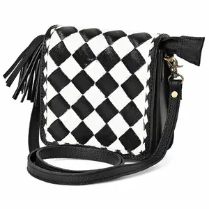 OHLAY Mini Checkered Leather Crossbody Bag Black & White Graphic Fringe Accent