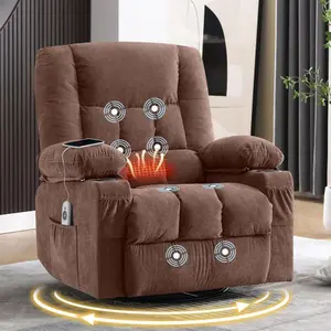 Massage Swivel Rocker Recliner Chair with Vibration Massage and Heat, Ergonomic Lounge Chair with USB Charge Port, 2 Cup Holders and Side Pocket for Living Room, Brown