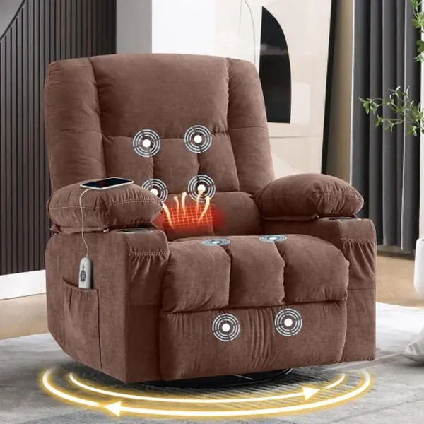 Massage Swivel Rocker Recliner Chair with Vibration Massage and Heat, Ergonomic Lounge Chair with USB Charge Port, 2 Cup Holders and Side Pocket for Living Room, Brown