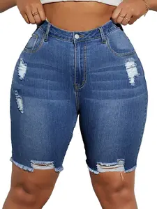 Plus Size High-Waisted Distressed Bermuda Denim Shorts with Asymmetrical Frayed Hems for Curvy-Friendly Tummy Control Jean Bottom