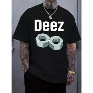Men's Casual Loose Fit Round Neck T-Shirt White Tee with Bold Deez Text & Nut Graphics Machine Washable Streetwear Top for Everyday Comfort