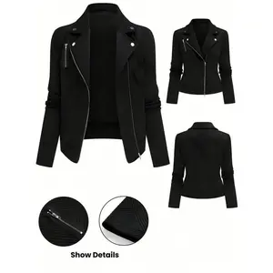 Women's Textured Fabric Moto Jacket with Collar, Zipper Casual Motorcycle Coat, Stylish Ladies Outerwear for Spring & Fall Seasons