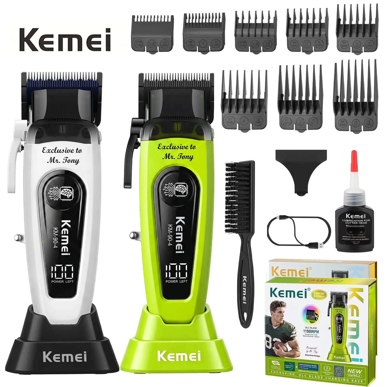 KEMEI KM-90-4 Professional Smooth Adjustable Silky Barber Equipment, Cordless/Corded Male Grooming Hair Clippers for Men, 3 Color Options, LED Display, USB Rechargeable Beard Trimmer