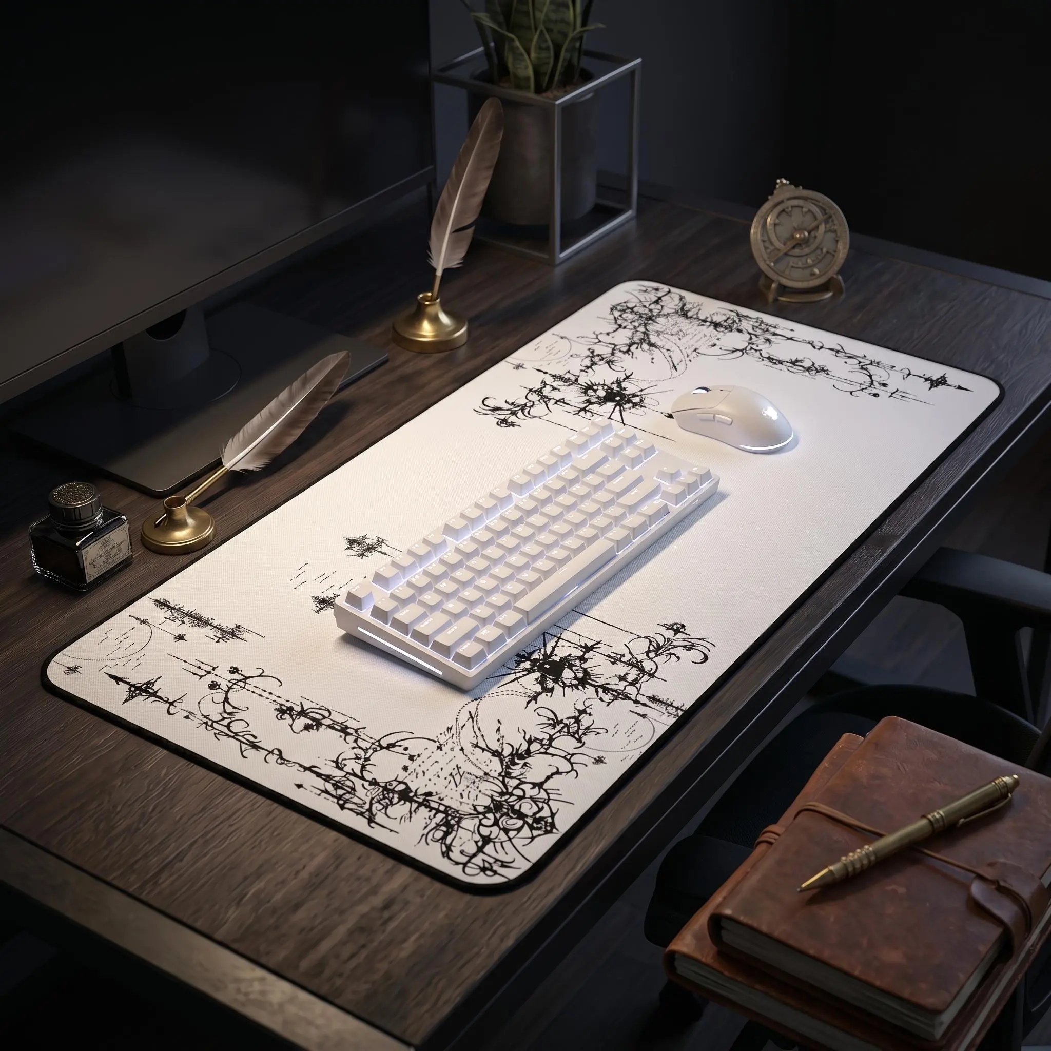 Cybersigilism Desk Mat | White Gothic Gaming Mouse Pad, Cyber Sigil Mousepad, Minimalist Y2K Desk Mat, Alternative XL Playmat