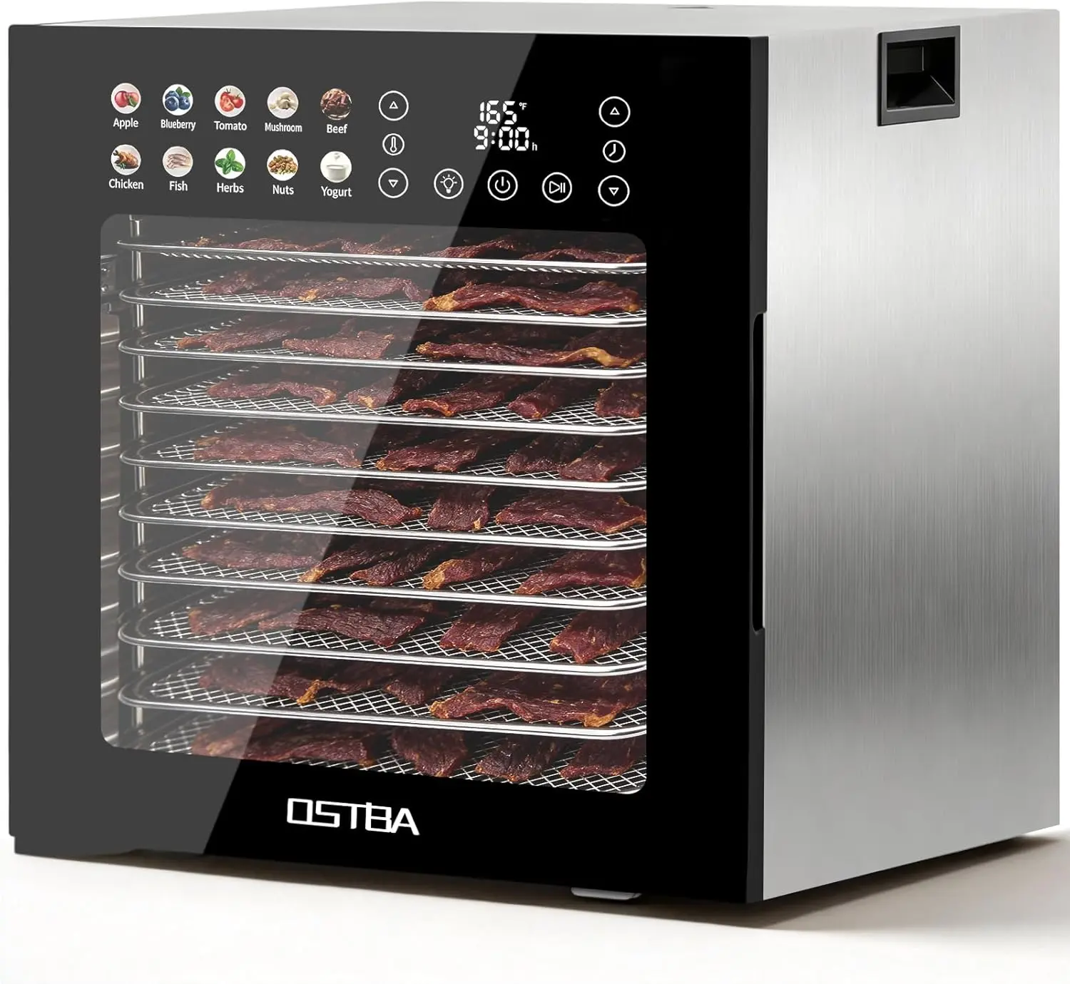 OSTBA 12-Fullsize Trays Stainless Steel Food Dehydrator Machine (Food Preserver, Meat Dehydrator), 850W Kitchen Appliance with 95–165℉ Temp Control, 48H Timer, 10 Digital Presets, Large Cap, Recipe Book, Compact