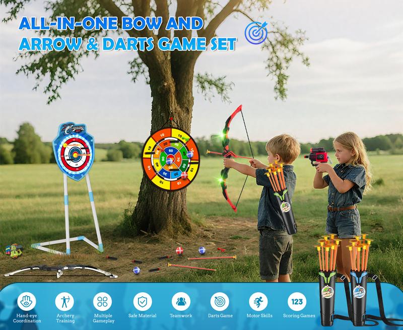 VATOS 2 Pack Bow and Arrow Toy with LED Light - 4 in 1 Archery & Dart Game Set with 20 Suction Cup Arrows, Shark Glow Target & Dart Board - Indoor/Outdoor Birthday Gift for Kids Boys Girls Ages 5-12
