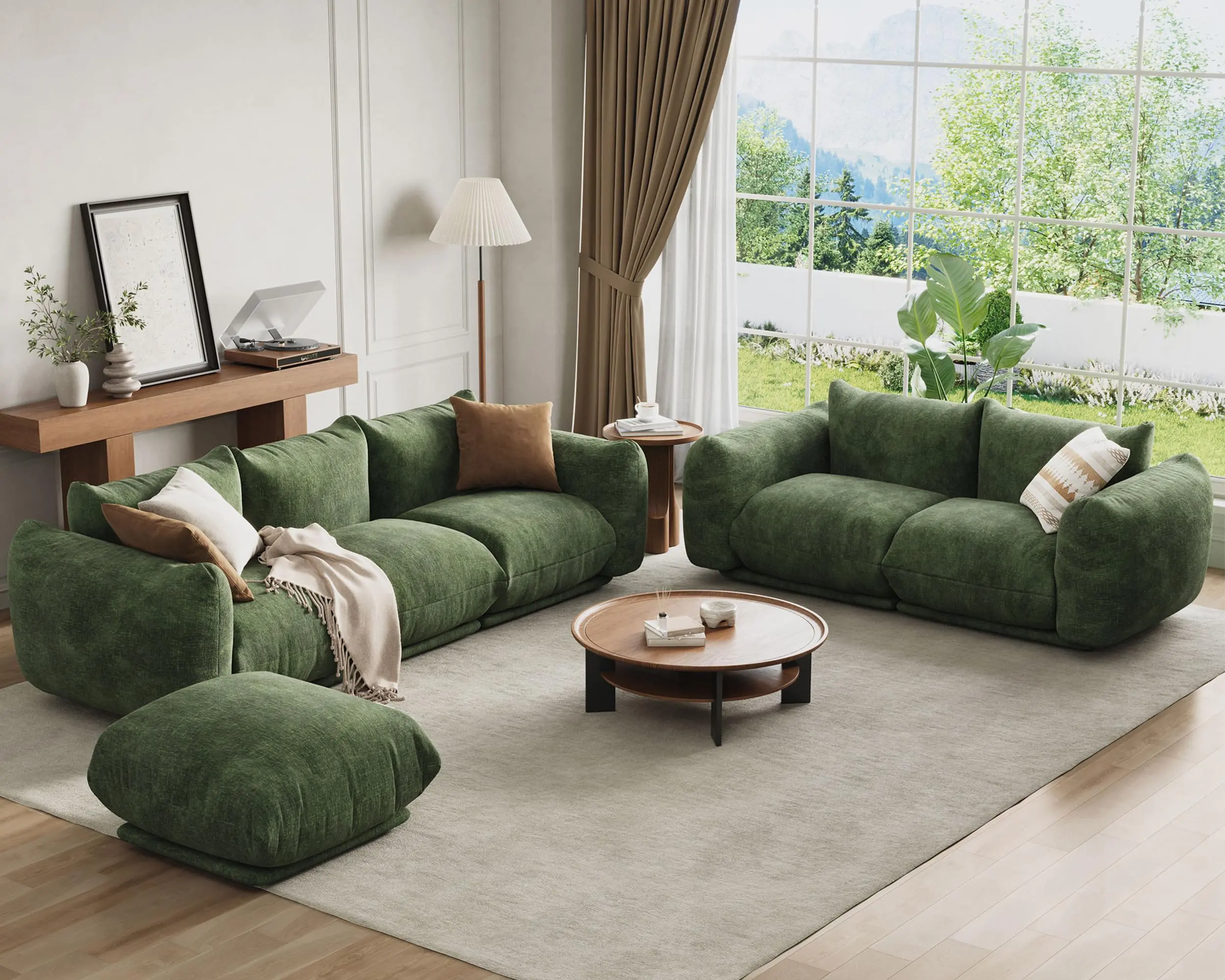 Garvee 3-Piece Modular Chenille Fabric Sectional Couch Set with 2 Loveseats, Boneless Design, Ideal for Living Rooms, Apartments, Available in Beige, Green, Three-Piece Sectional Living Room Furniture