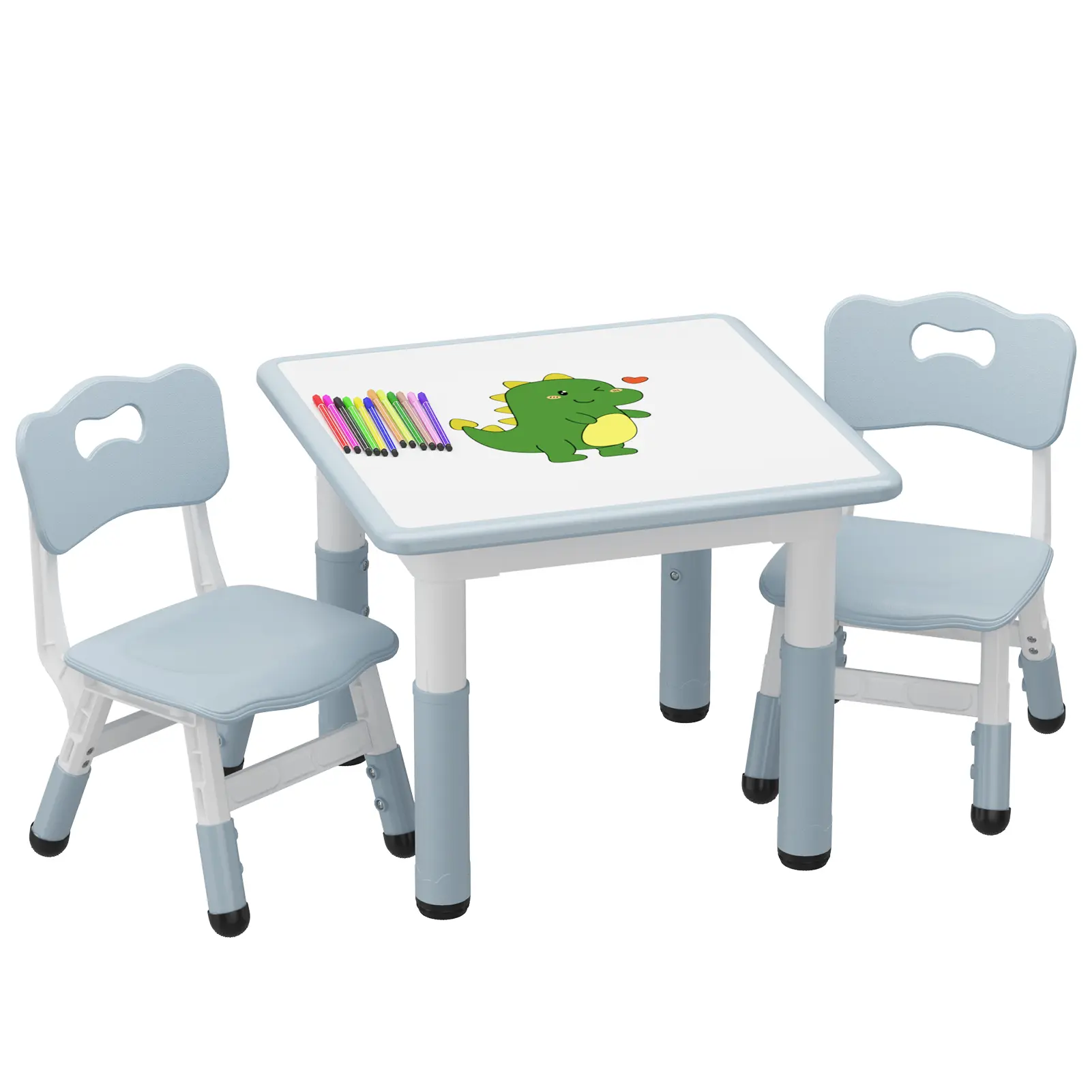 summerwins Ergonomic Adjustable Height Kids Table and 2 Chairs Set - Writable Whiteboard Top, Non-Slip Legs, Easy Clean, Study, Adjustable Tabletop Dining Room Furniture for Toddlers Ages 2-10 (Home Nursery Use)