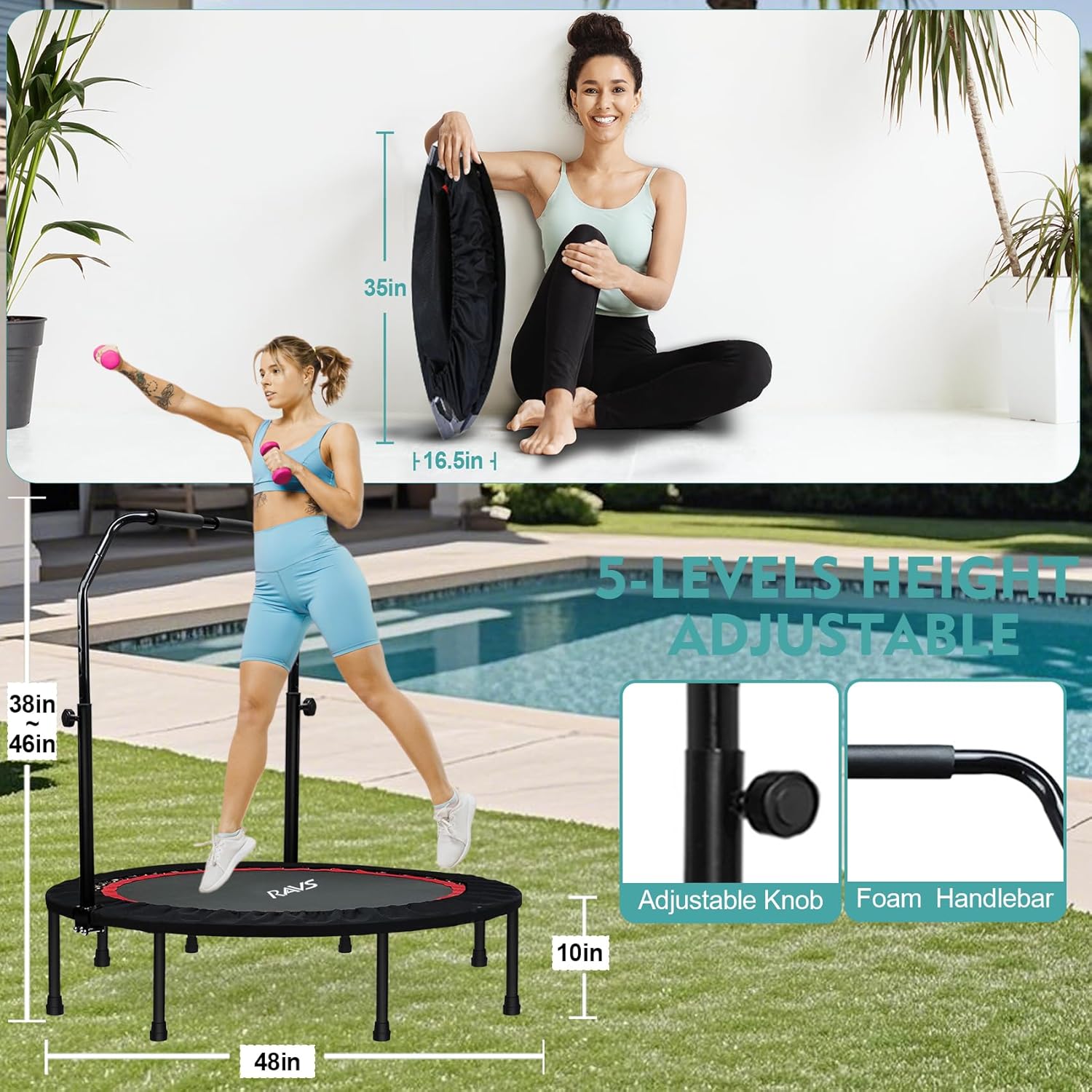 RAVS 450 LBS Foldable Mini Trampoline for Adults &Kids 40"/48"Rebounder Trampoline with Adjustable Foam Bar forIndoor Workout Fitness