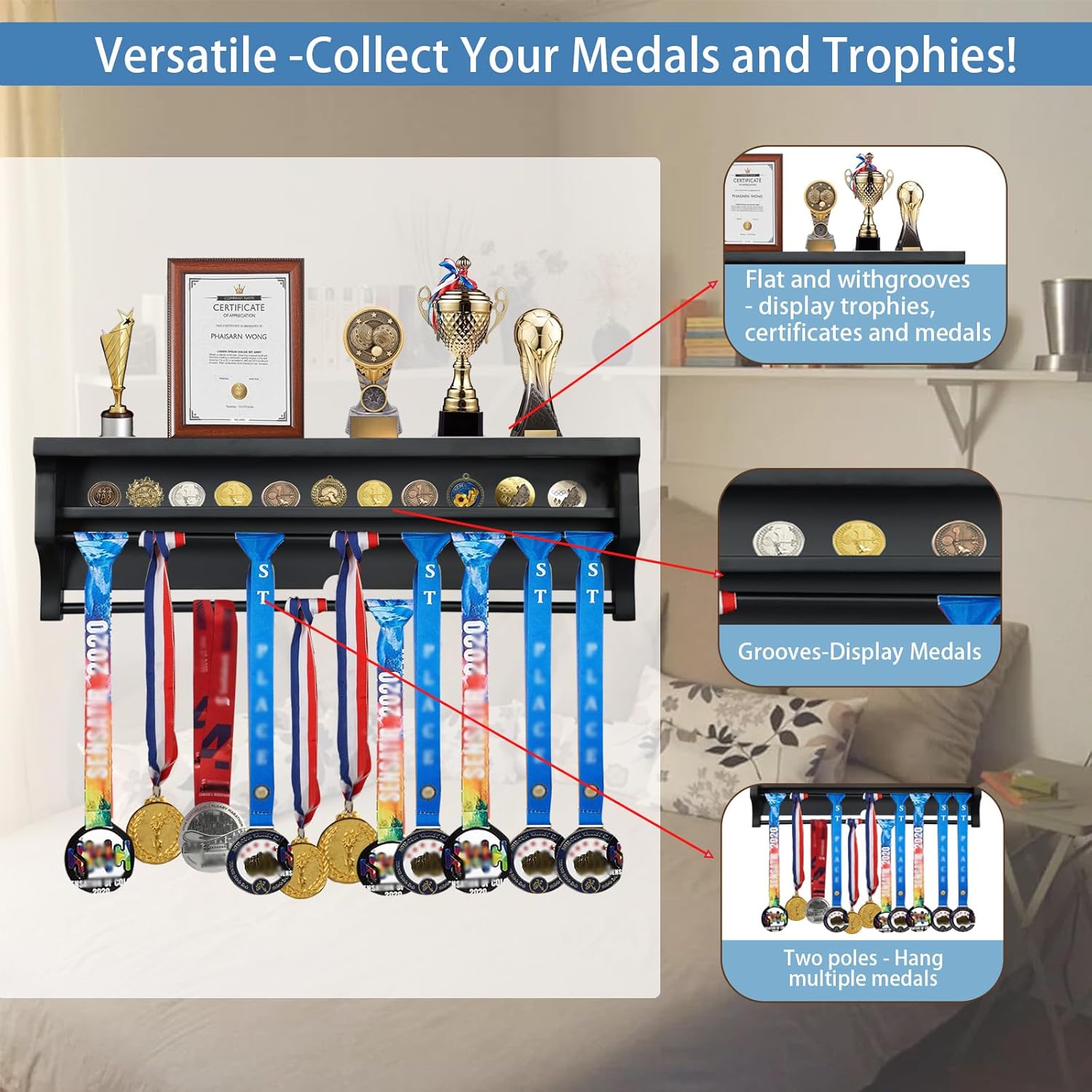 CRDC Solid Wood Medal Hook Display Stand, Wall Mounted Medal Stand Display Stand, Suitable for Runners, Marathons, Competition Winners, Football, Gymnastics, and All Sports - Black