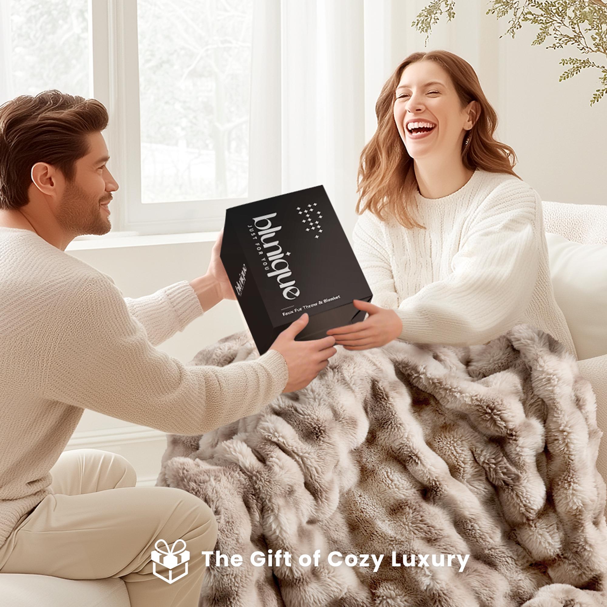 Faux Rabbit Fur Throw Blanket, Ultra Soft Fluffy Warm Decorative Blanket for Couch Sofa Bed, All-Season Cozy Blanket, Light Taupe