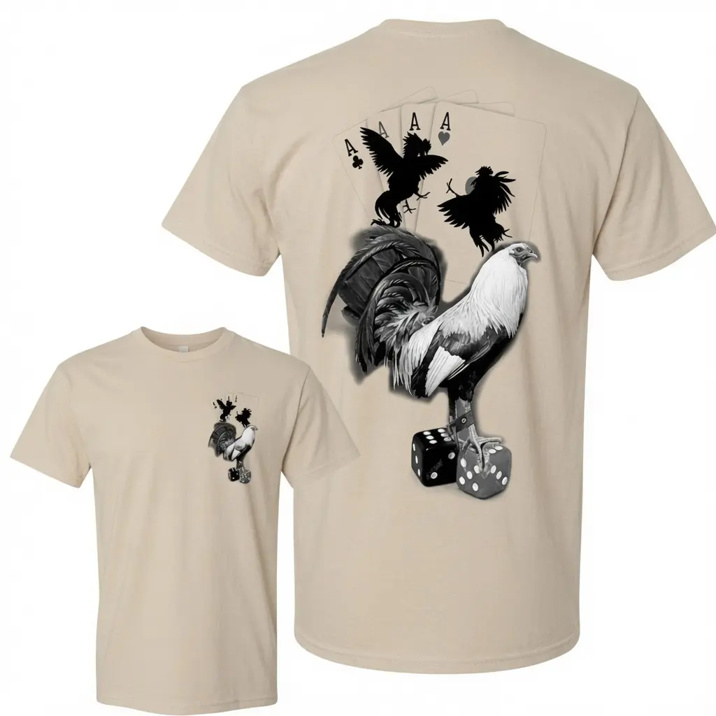 Lucky Gamefowl Rooster Shirt, Rooster Poker Graphic Tee, Double Sided Unisex T-Shirt, Casino Dice Playing Cards Shirt, Vintage Rooster Graphic Gift for Men