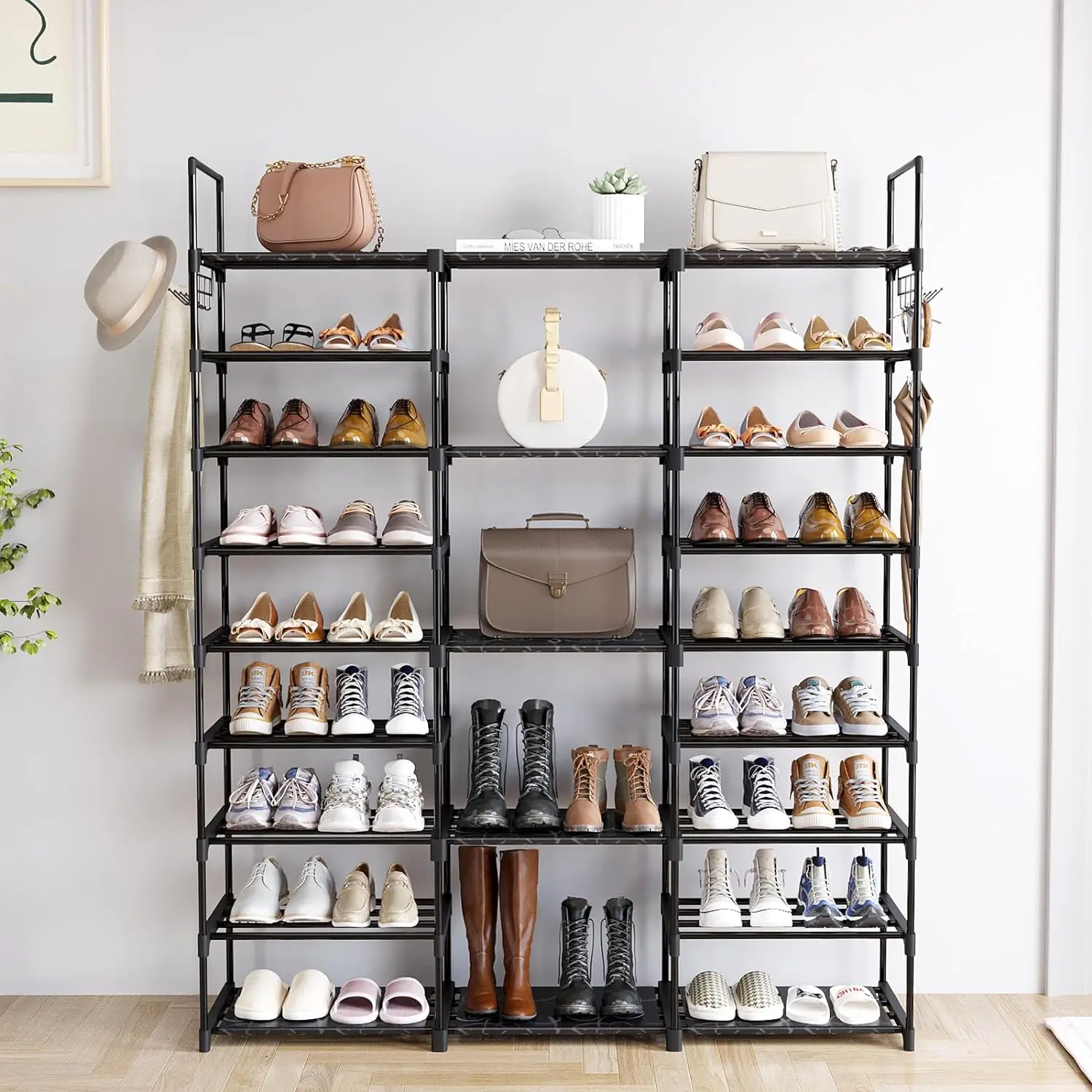 MOMOK 9 Tiers Shoe Rack Organizer,  Max Holds 55 Pairs, Metal Shoe Storage, Shelf with Hooks for Entryway, Garage, Black Footwear Organization Closet Shoe Rack
