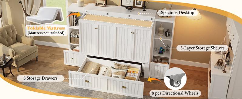 [Ships in 2 Boxes] AMERLIFE Murphy Bed with Bedside Tables, Foldable Cabinet with 3 Storage Drawers & Charging Station, Farmhouse Hideaway Bed for Bedroom/Office/Guest Room