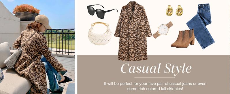 utcoco Womens Leopard Long Wool Trench Coat Notched Lapel Double Breasted Pea Coat Winter Warm Overcoat winter  clothes  women