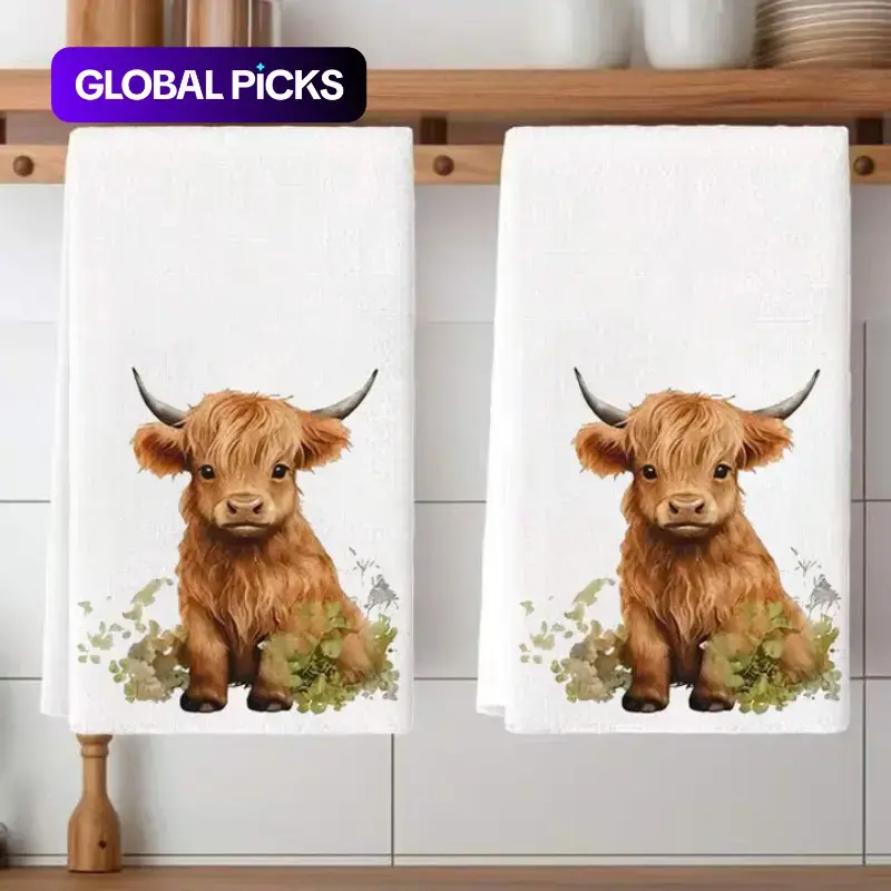 2 Counts Highland Cow Design Kitchen Towel Set, Decorative Towels, 100% Super Absorbent Microfiber, Soft and Durable Dishcloths, Bath Handkerchiefs and Tea Towels for Home Decor and Outdoor Use, Gift Idea #GLOBAL PICKS