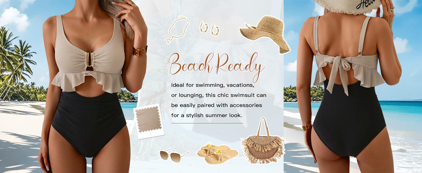 B2prity Womens One Piece Swimsuit Tummy Control Ruffled Bathing Suit V Neck Cutout Swim Suit Tie Back Swimwear