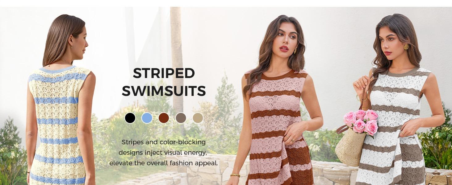 Fisoew Womens Striped Crochet Knit 2 Piece Set Sleeveless HollowOut Tank Top & Matching Shorts Breathable Beach Casual Outfit for Summer Vacation SpringStatements