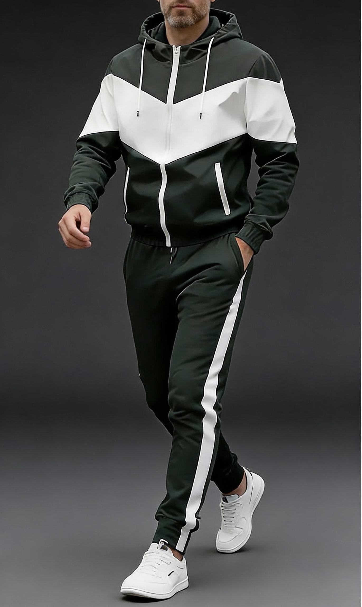 Stylish Contrast Color Block Tracksuit for Men Full Zip Hooded 2-Piece Casual Sportswear for Daily Leisure Activities Blue & White Stylish Contrast Color Block Tracksuit for Men Full Zip Hooded 2-Piece Casual Sportswear for Daily Leisure Activities Blue & White