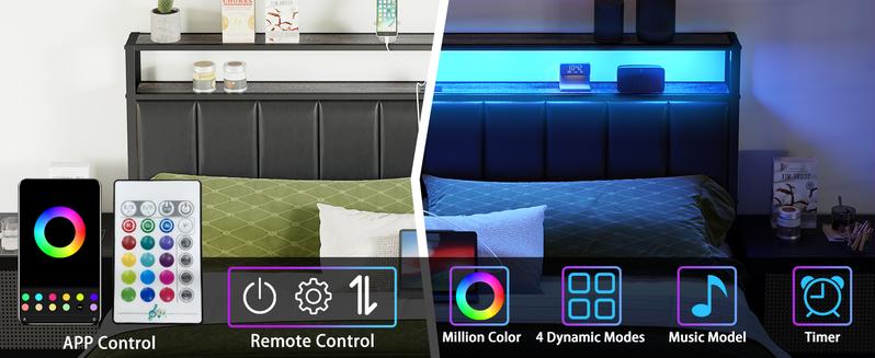 AMERLIFE Bed Frame with 2 Storage Drawers, 2-Tier Storage PU Headboard with Charging Station& LED Lights, No Box Spring Needed/Unique Bedroom Furniture