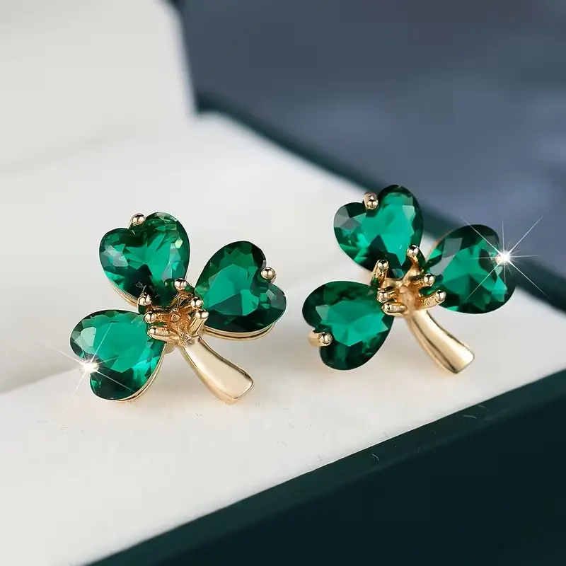 Emerald Green Crystal Shamrock Clover Stud Earrings Lucky Irish St Patricks Day Jewelry Cute Clover Earrings Green Crystal Studs Lucky Charm Earrings Gift for Women Girls Irish Jewelry Trendy Cute Earrings Fashion Jewelry Holiday Gift Lucky Clover