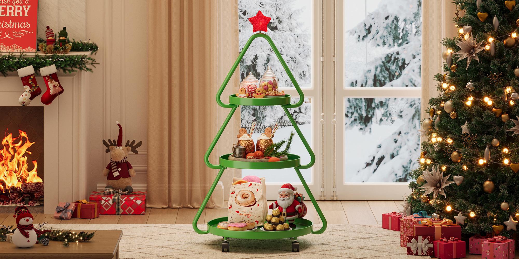 【Deal】Pinmoco Christmas Tree Snack Shelf Cart, Halloween & Christmas Decorations Cupcake Tray Holiday Festival Wedding Bar Party Supplies, 3-Tier Rolling Stand for Festive Decor & Food Display