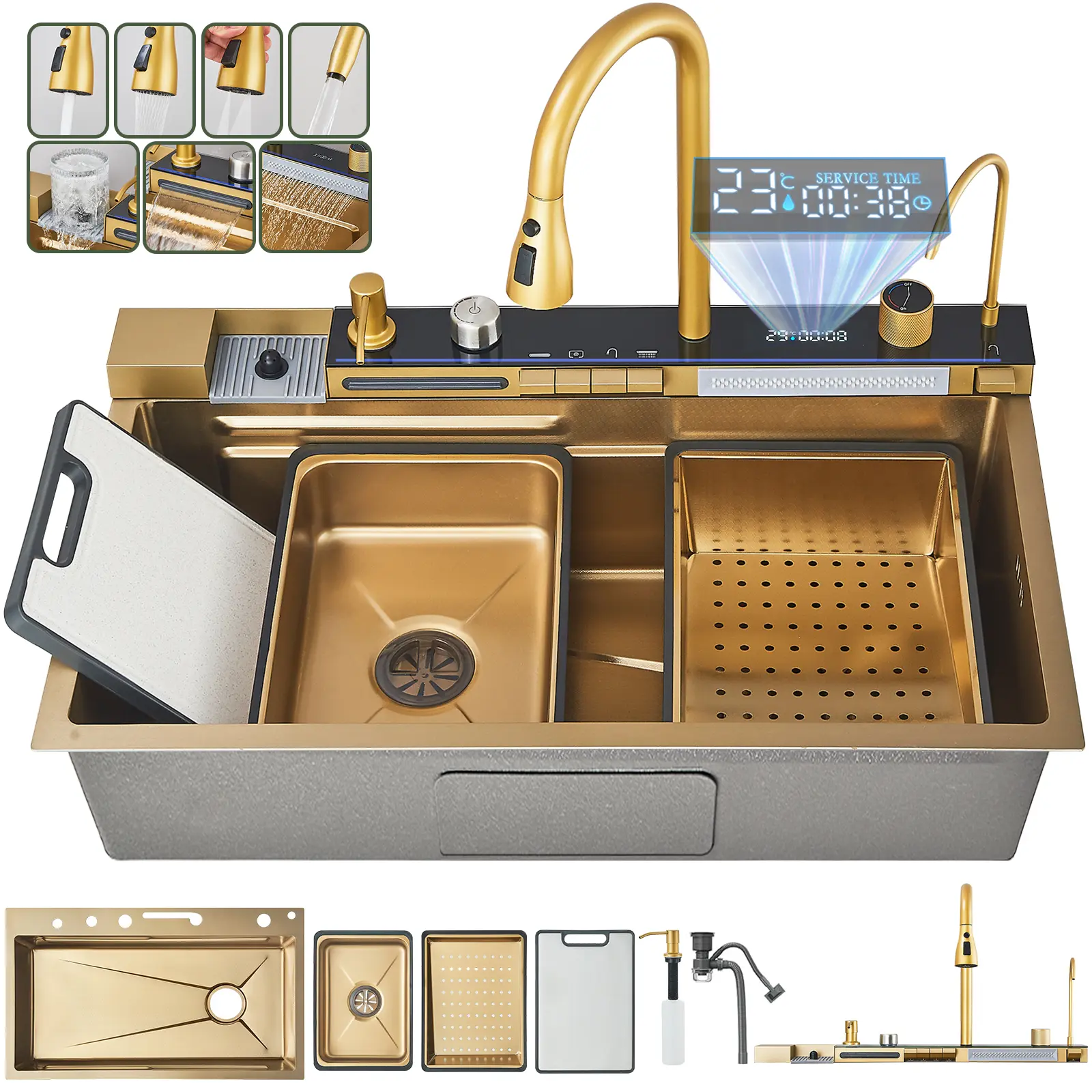 30-Inch Stainless Steel Smart Kitchen Sink Complete Kit, Digital Display, Water-Powered Piano Key Control, Energy-Efficient Multi-Water Modes Pull-Out Faucet, Honeycomb Coating, Workstation Sink with Cup Washer
