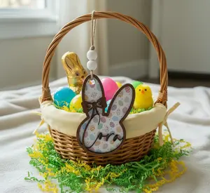 Easter Basket Tag Wood Bunny Egg Pastel Personalized Bows Carrot Gift Spring