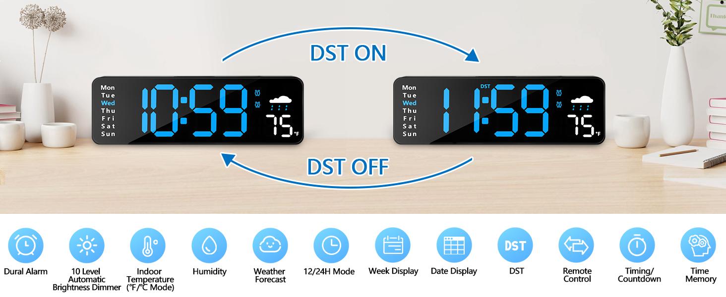Digital Wall Clock Large Display, 9" LED Wall Clocks for Living Room Decor, Digital Clock with Temperature/DST/Auto-Dimming/Humidity/Snooze - 12/24H, Silent Digital Clocks for Seniors Kids