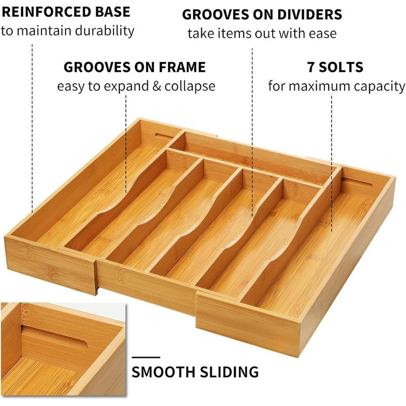 [New Deal] Bamboo Expandable Kitchen Drawer Organizer for Cutlery and Utensils, Adjustable Bamboo Wood Tray for Flatware and Silverware in Kitchen