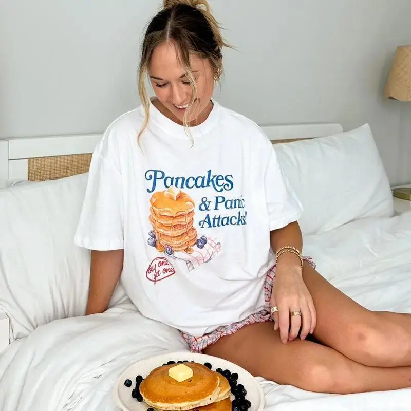 Women's Cotton Short-Sleeve Oversized Casual T-Shirt - Pancake Themed Art Print, Cozy Humorous Breakfast Quote, Comfortable Relaxed Loose Top, Unique Food Graphic Apparel Gift, Shortsleeve