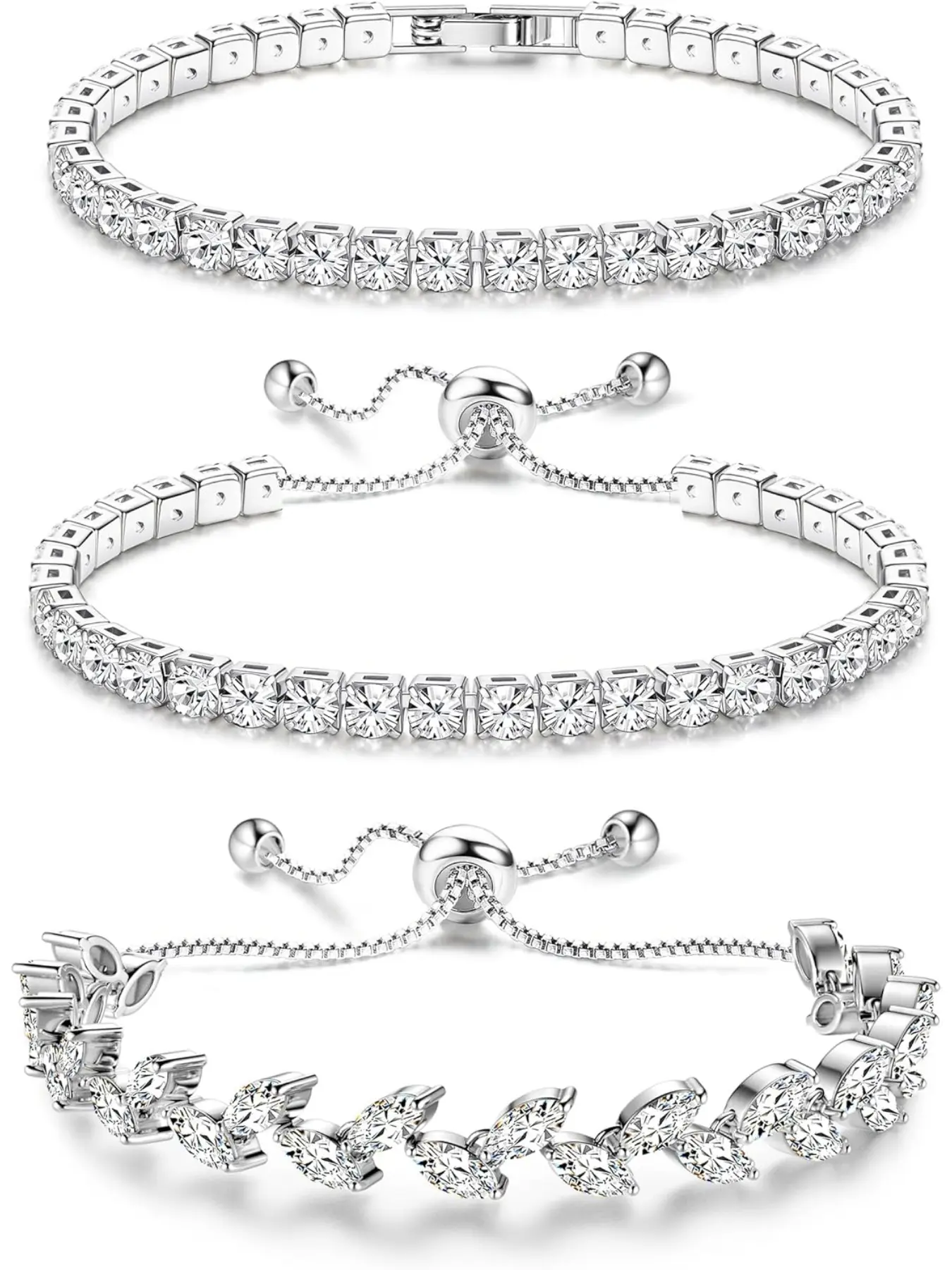 Tennis Bracelets For Women - Silver Plated Bracelet Stack Cubic Zirconia CZ Diamond Adjustable Stackable Bracelets Set For Prom Wedding Jewelry Gift 3Pcs